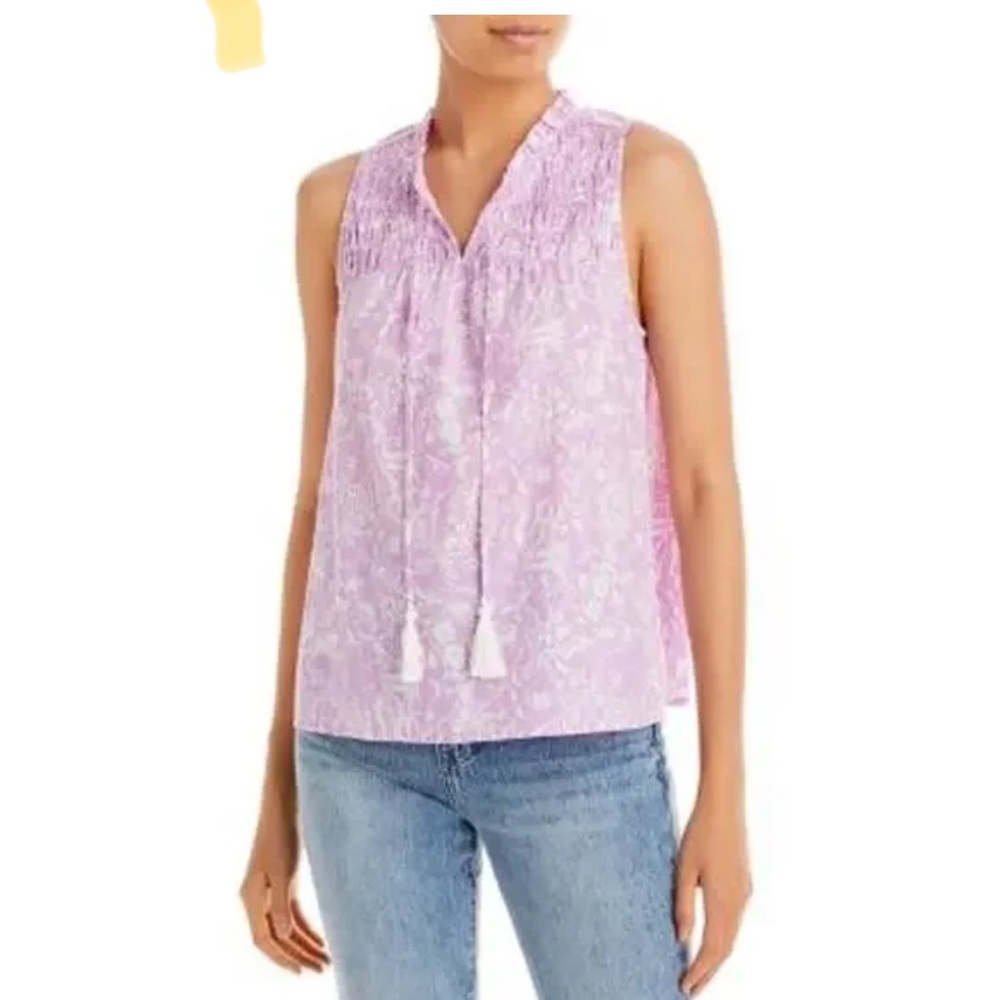Aqua women sleeveless pink/white cotton top floral print tassels SZ S peasant